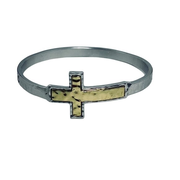 Silver & Gold Tone Cross Bangle Bracelet With Zechariah 12:5 Bible Verse (5793) - Picture 2 of 5